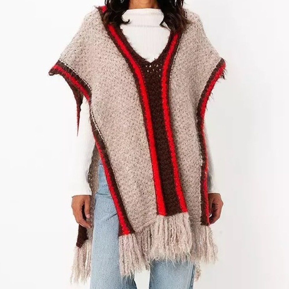 ZARA Fringe Poncho Sz M Brown Red Stripe V-Neck Statement Cozy Boho Fuzzy Layer